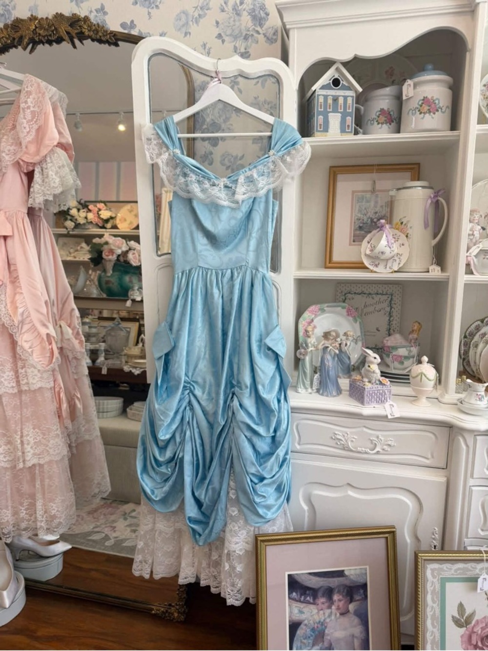 Powder Blue Rococo Bustle Gown | Vintage Lace & Satin Dream XS/S